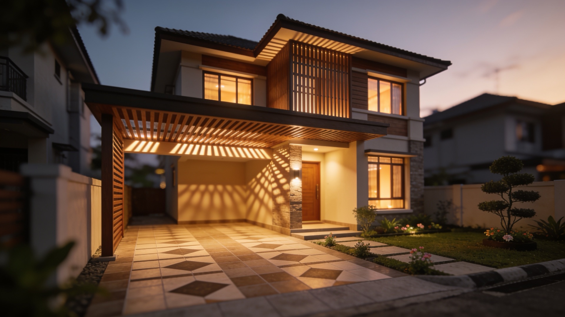 Extended terrace house exterior at dusk